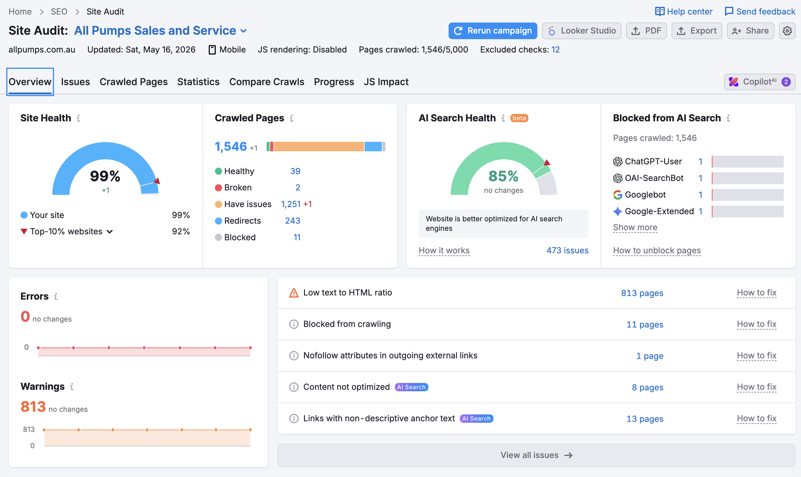 SEMrush after: 99% site health, 0 errors, 813 warnings, 13 notices