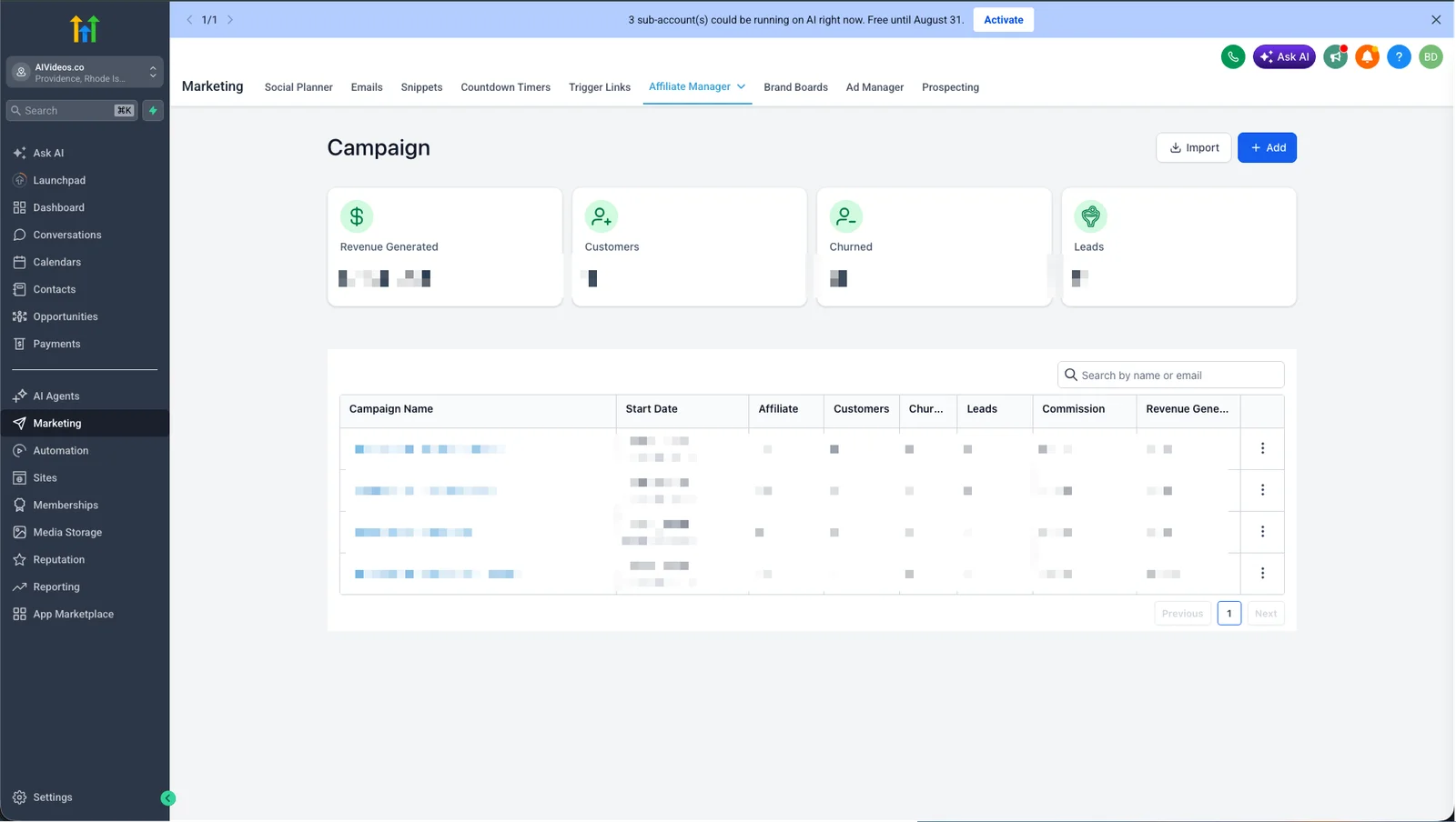 GoHighLevel affiliate campaign management screen showing configured campaigns for the AI video agency