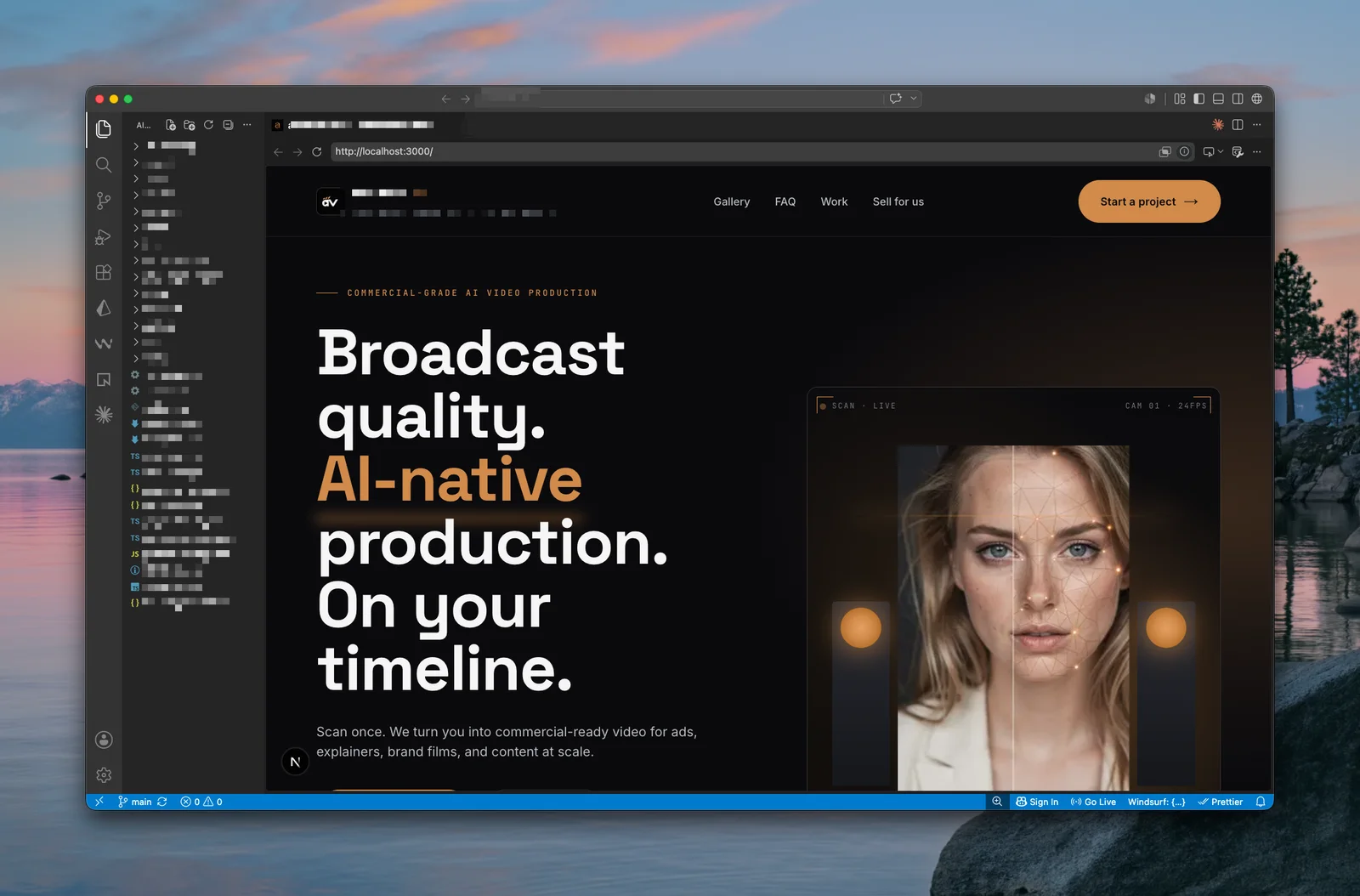 Next.js front-end build for the AI video agency website showing the hero section, service cards, and custom lead capture form