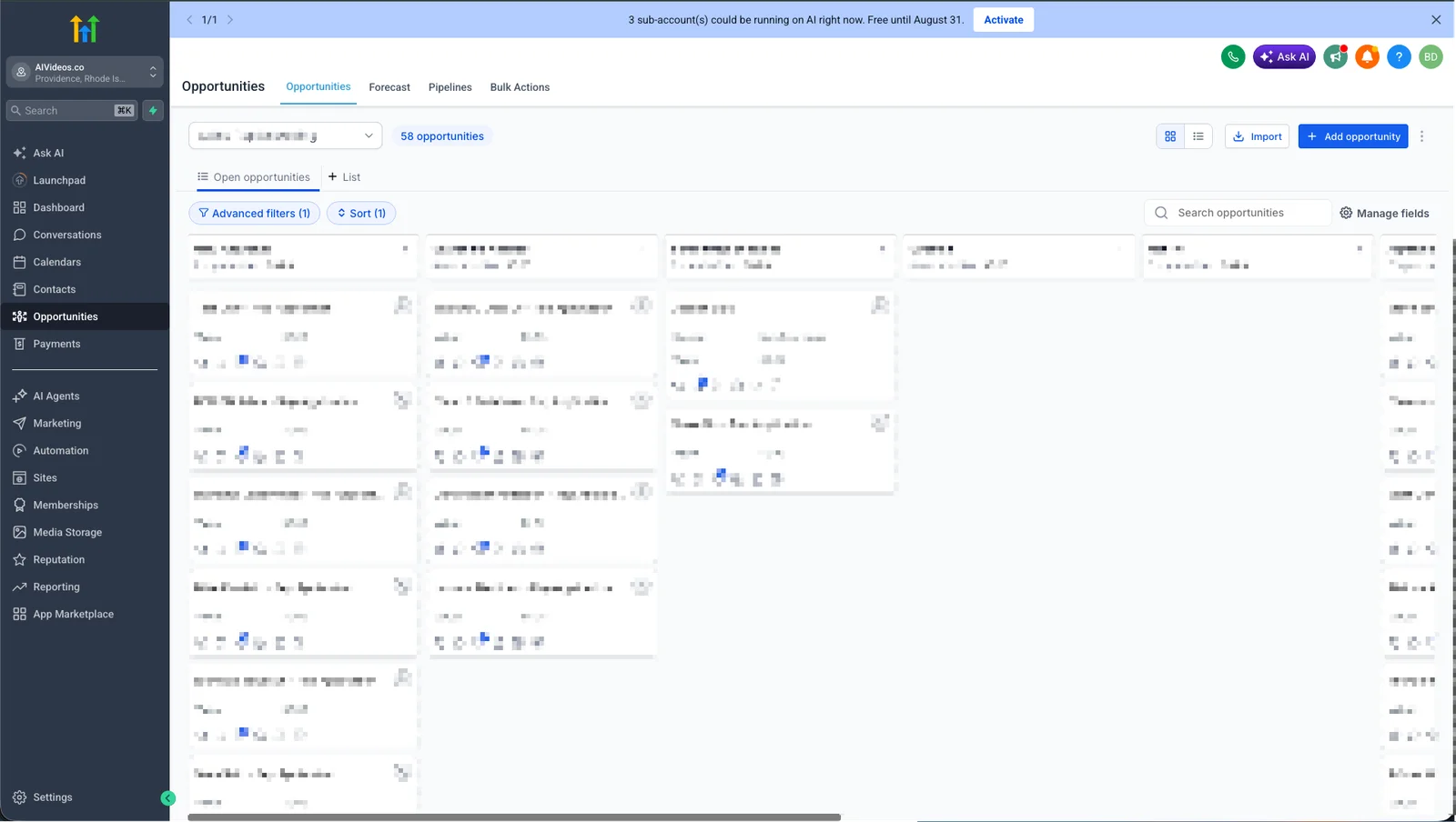 GoHighLevel pipeline setup showing custom stages for the AI video agency sales process