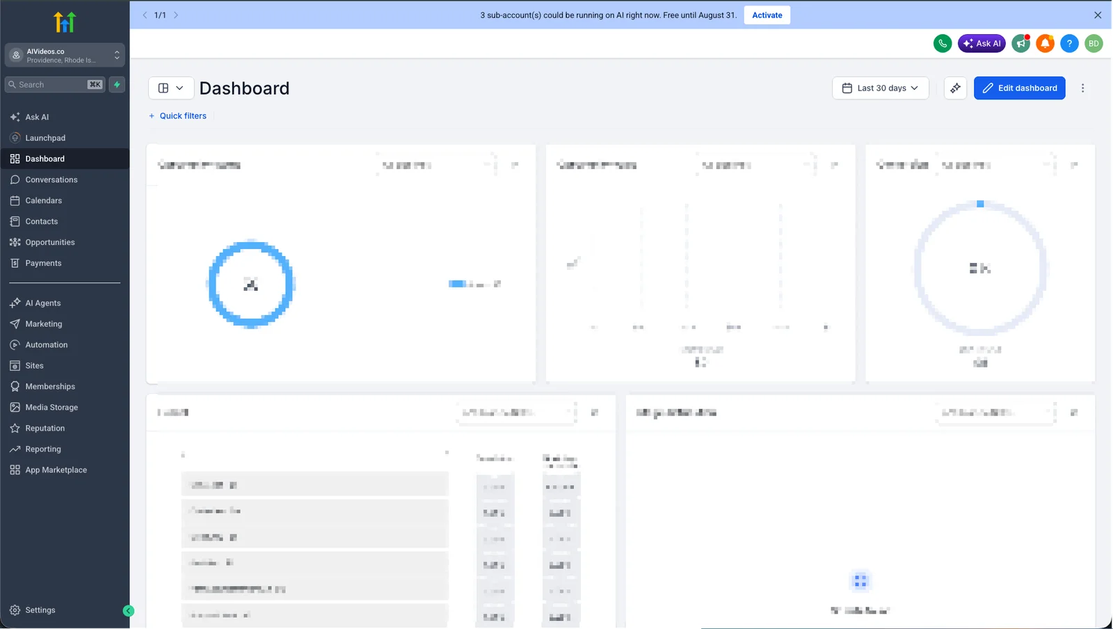 GoHighLevel sub-account setup showing the configured location, dashboard, and navigation for the AI video agency