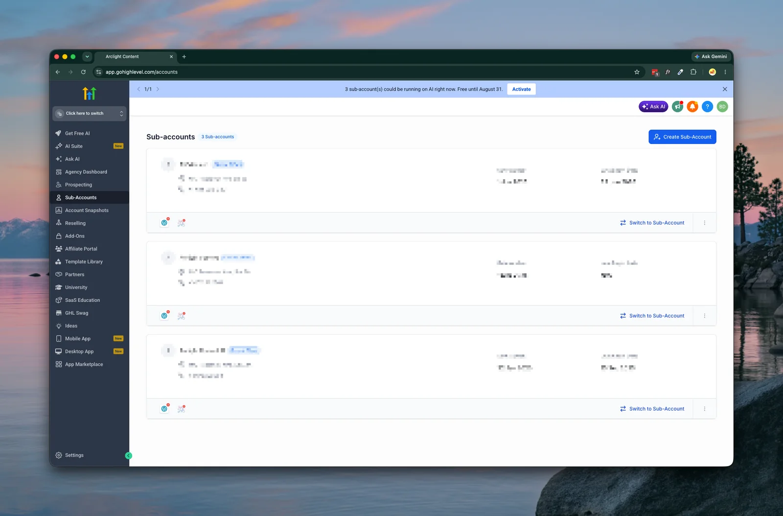 GoHighLevel location configuration and team setup for the AI video agency