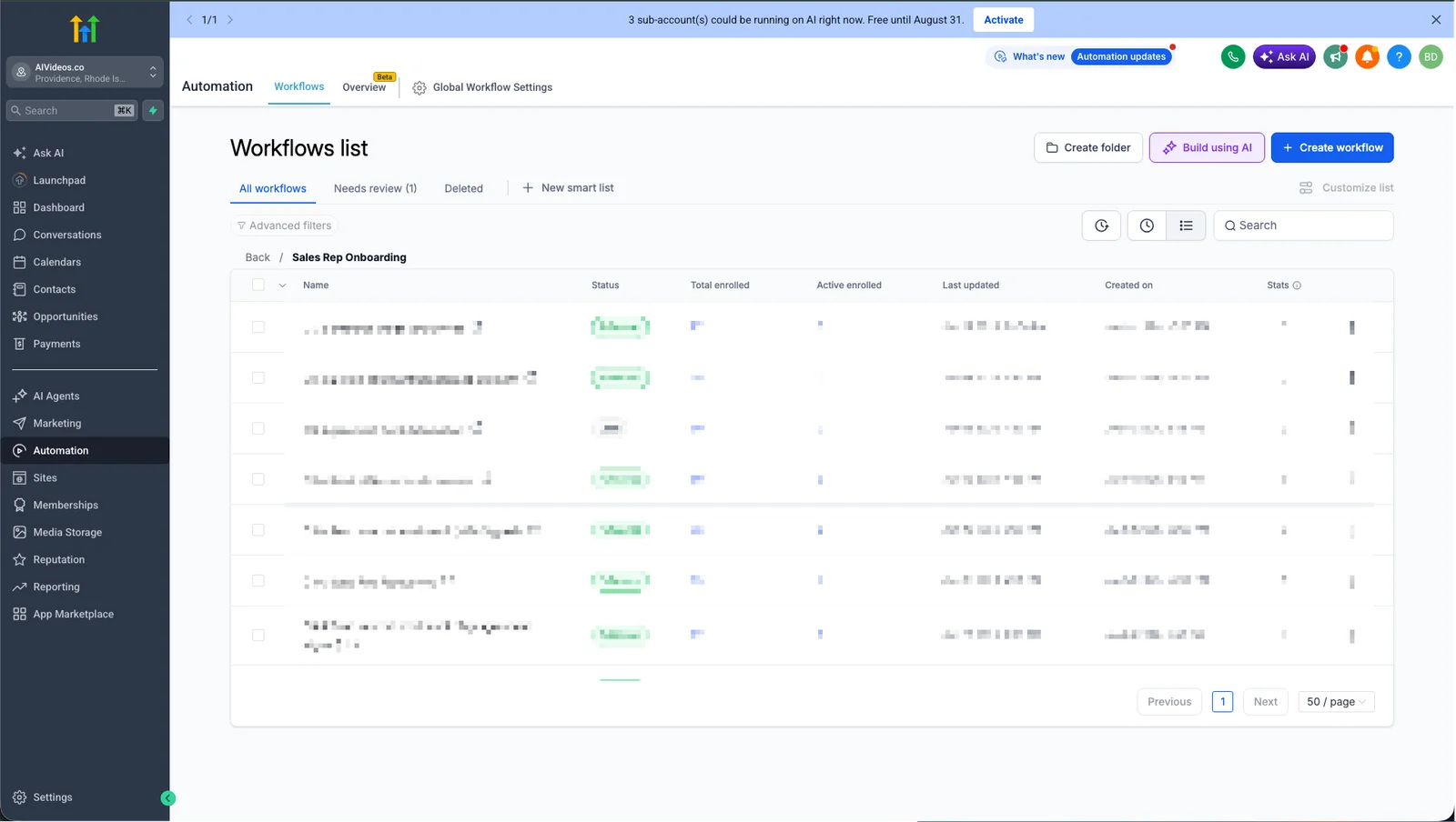 GoHighLevel workflow builder showing automations for booking links, contracts, notifications, and affiliate enrollment