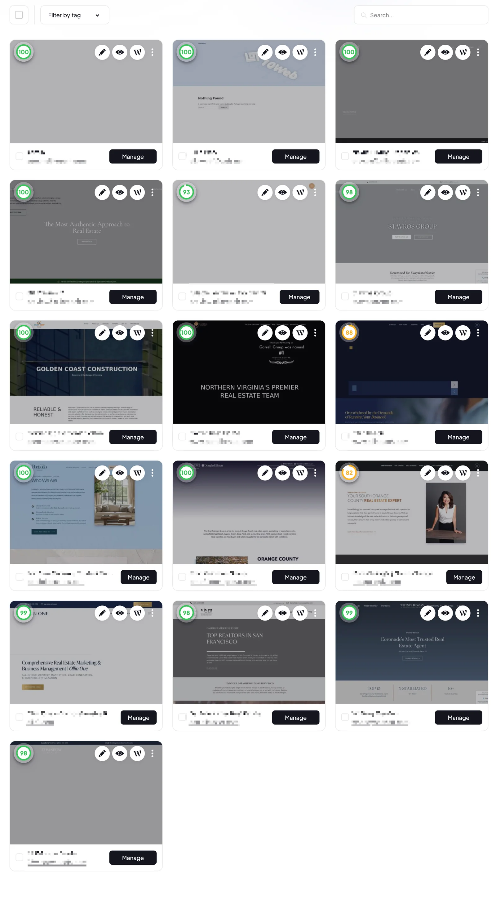 Agency dashboard showing 16+ client websites with PageSpeed scores ranging from 82 to 100, the majority in the 93-100 range.
