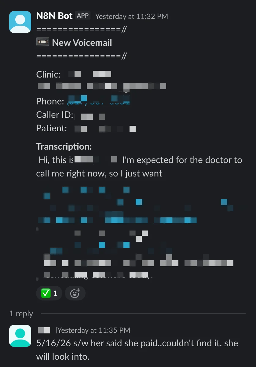 Slack notification showing a transcribed voicemail with patient details, phone number, caller ID, and a direct link to the DaySmart profile